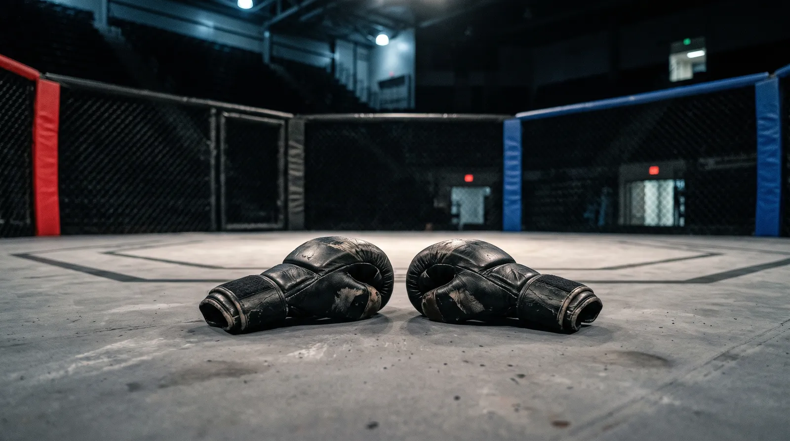 Worn MMA gloves resting on an empty octagon canvas under work lights