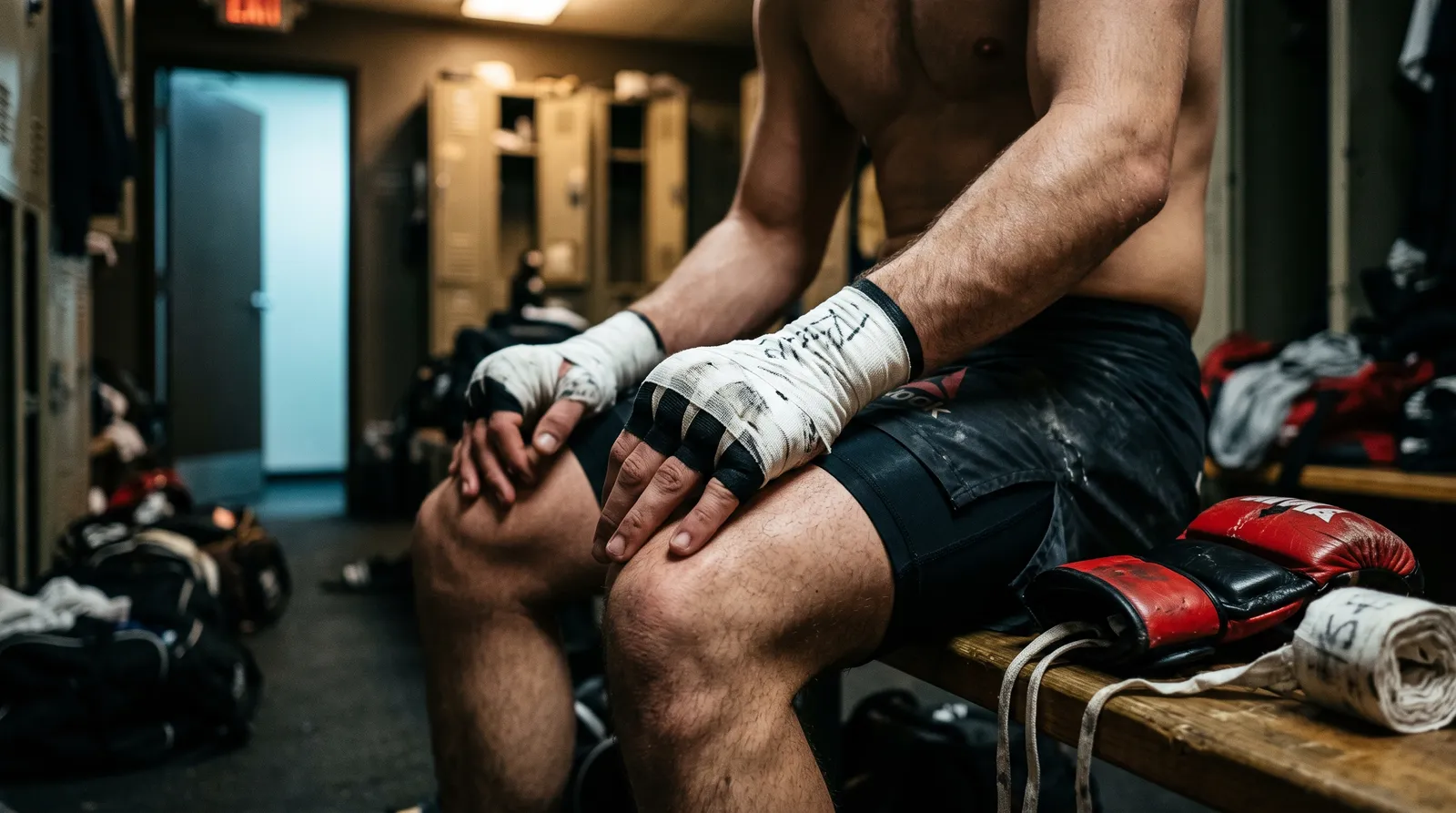 A fighter's taped hands resting on his knees in a locker room before a fight