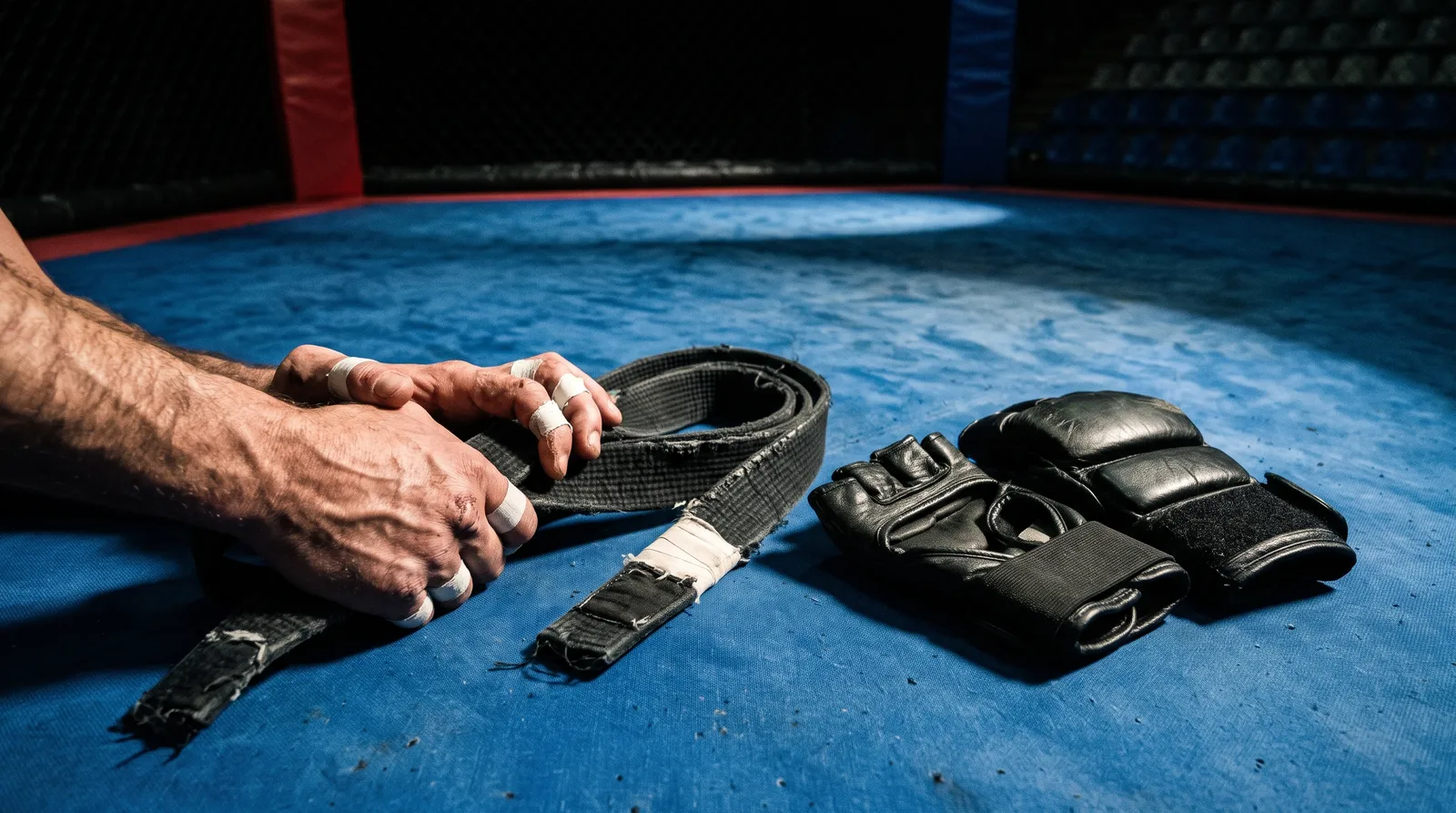 A jiu-jitsu black belt and MMA gloves resting together on a ring canvas under a spotlight