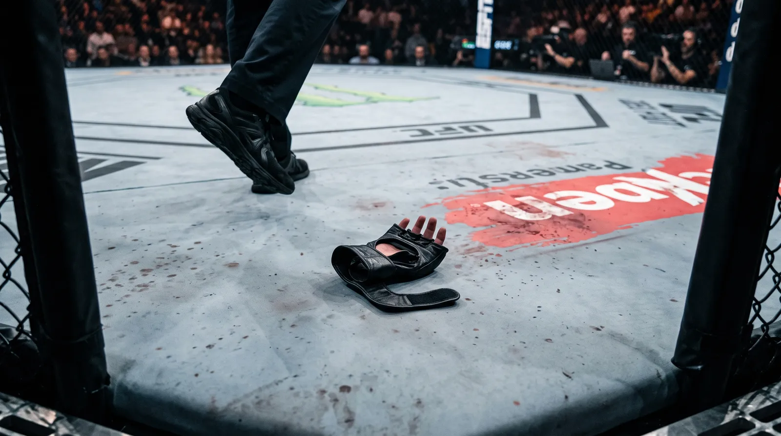 A lone MMA glove resting on an octagon canvas under bright arena lights