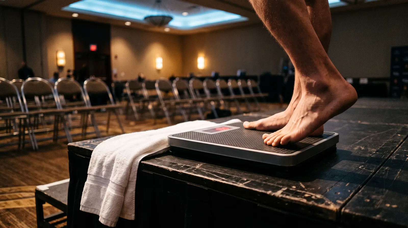 Bare feet stepping onto a weigh-in scale with a towel draped over its edge under dim stage lights
