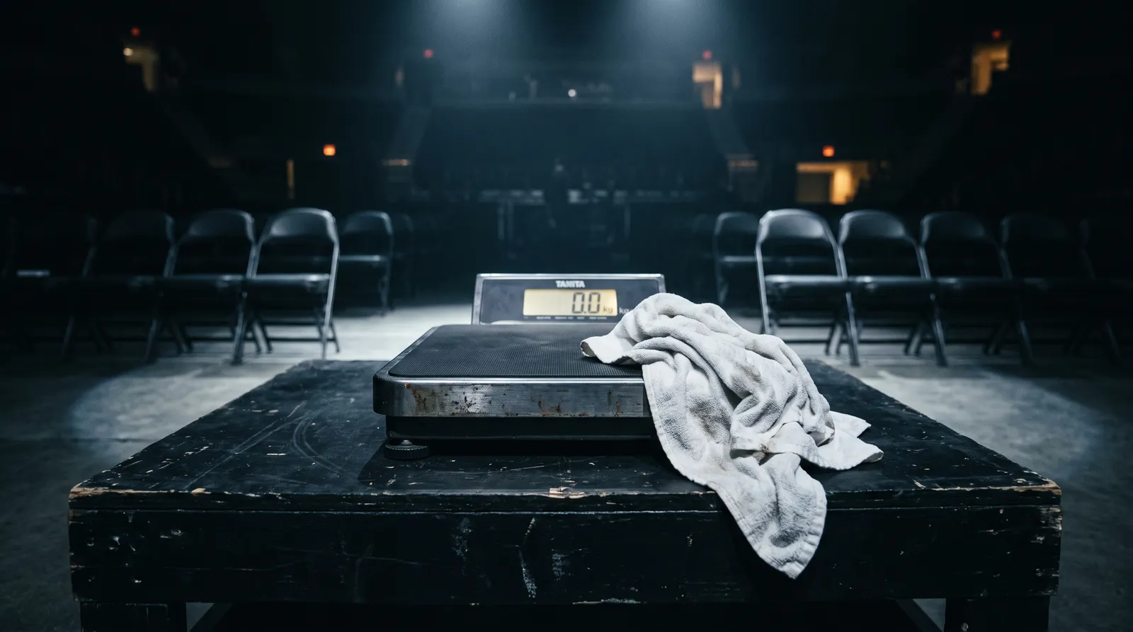 An empty weigh-in scale with a towel draped over it under a harsh spotlight