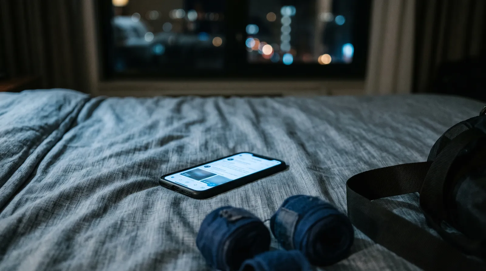A phone glowing on a hotel bed next to rolled hand wraps during fight week