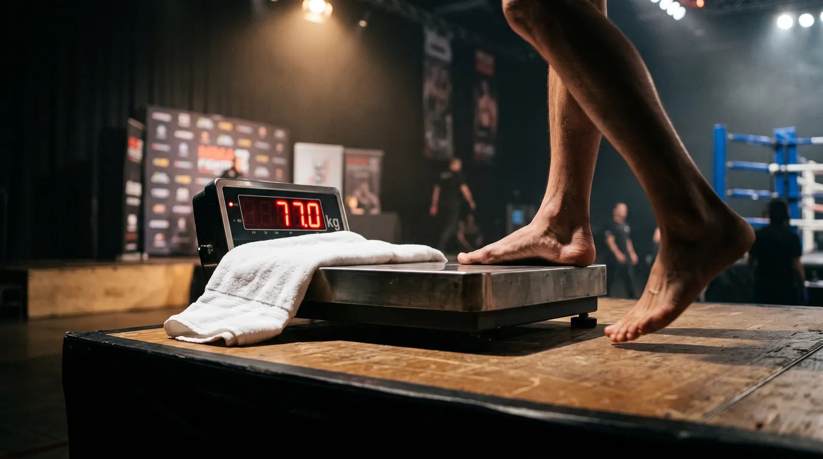 A weigh-in scale with a glowing readout and a towel draped over its edge under stage lights