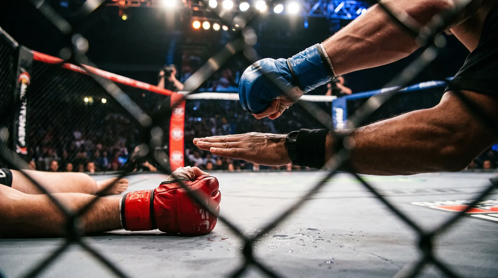 A referee's hand stops a punch from landing on a downed fighter on the Octagon canvas