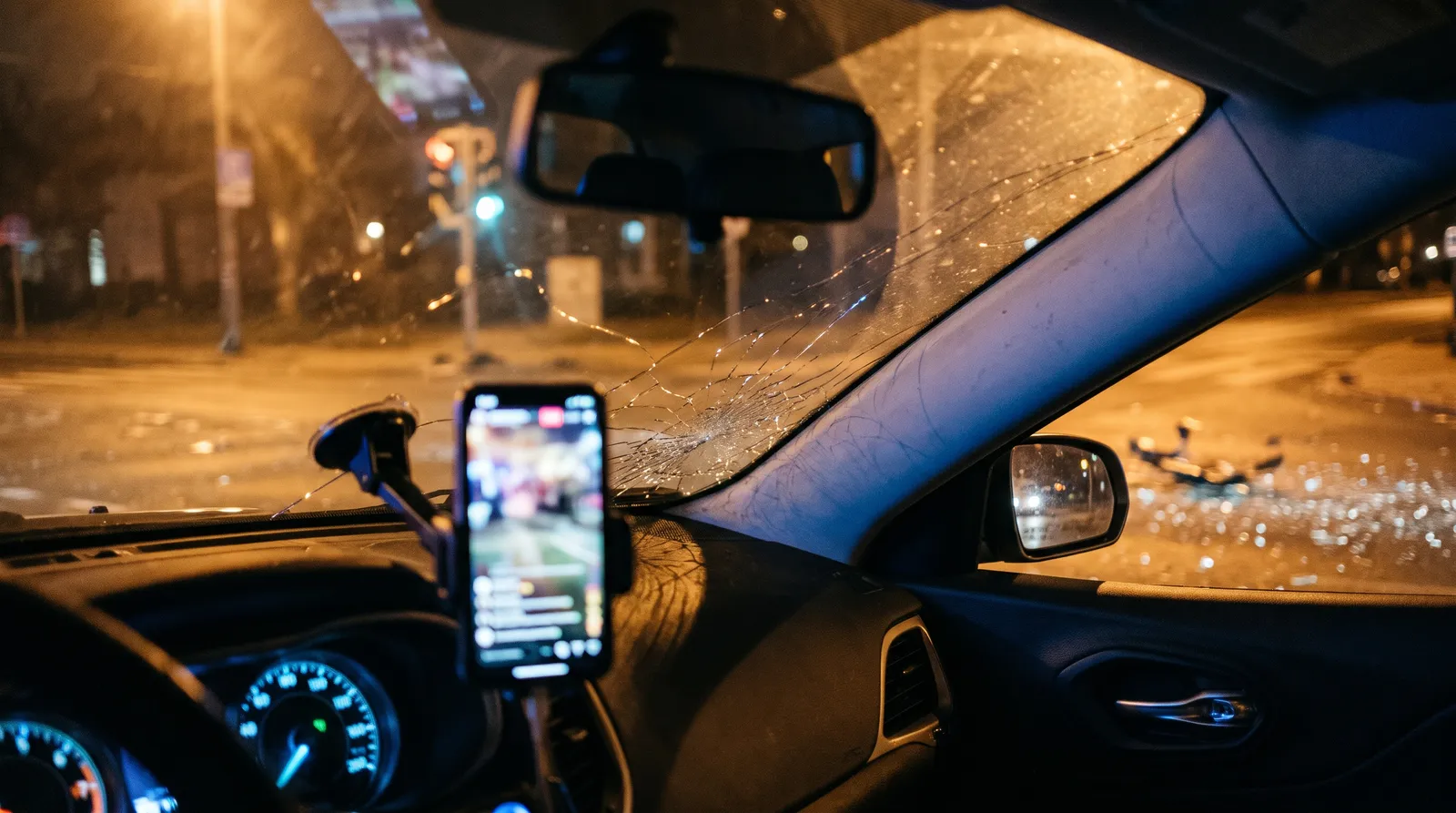 A dashboard-mounted phone glows inside a damaged car at a nighttime intersection after a crash