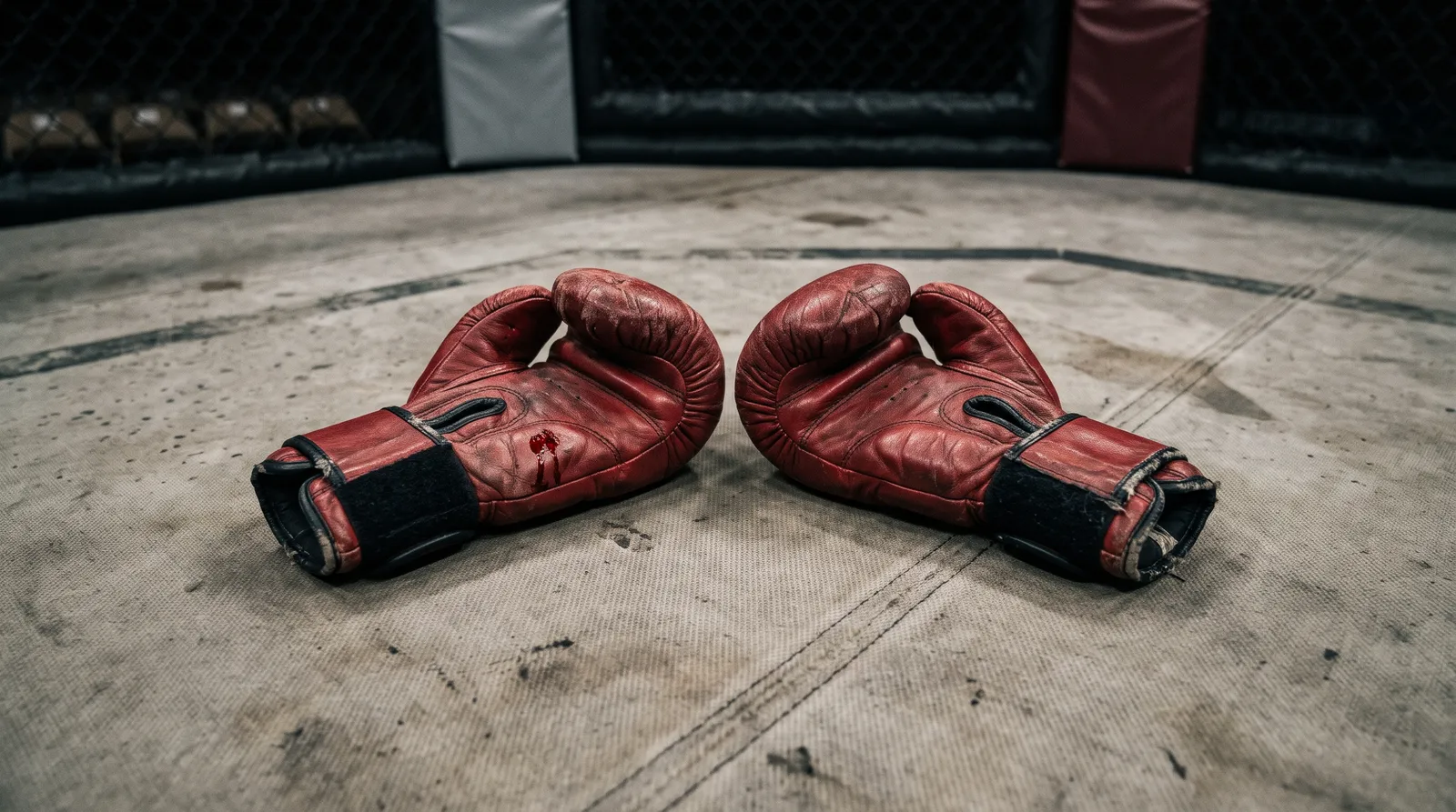 Worn MMA gloves lying on the canvas of an empty octagon under overhead lights