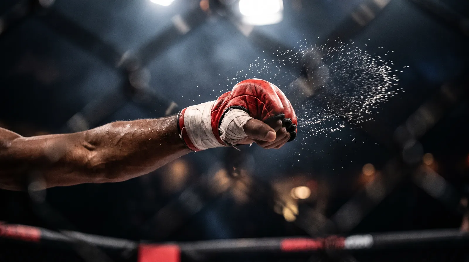 Close-up of a fighter's glove throwing a right hand with sweat flying under arena lights