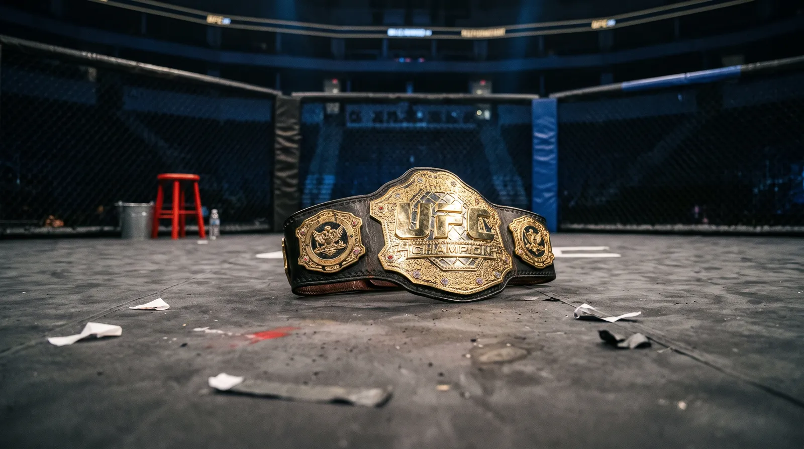 A championship belt resting on an empty octagon canvas under arena work lights