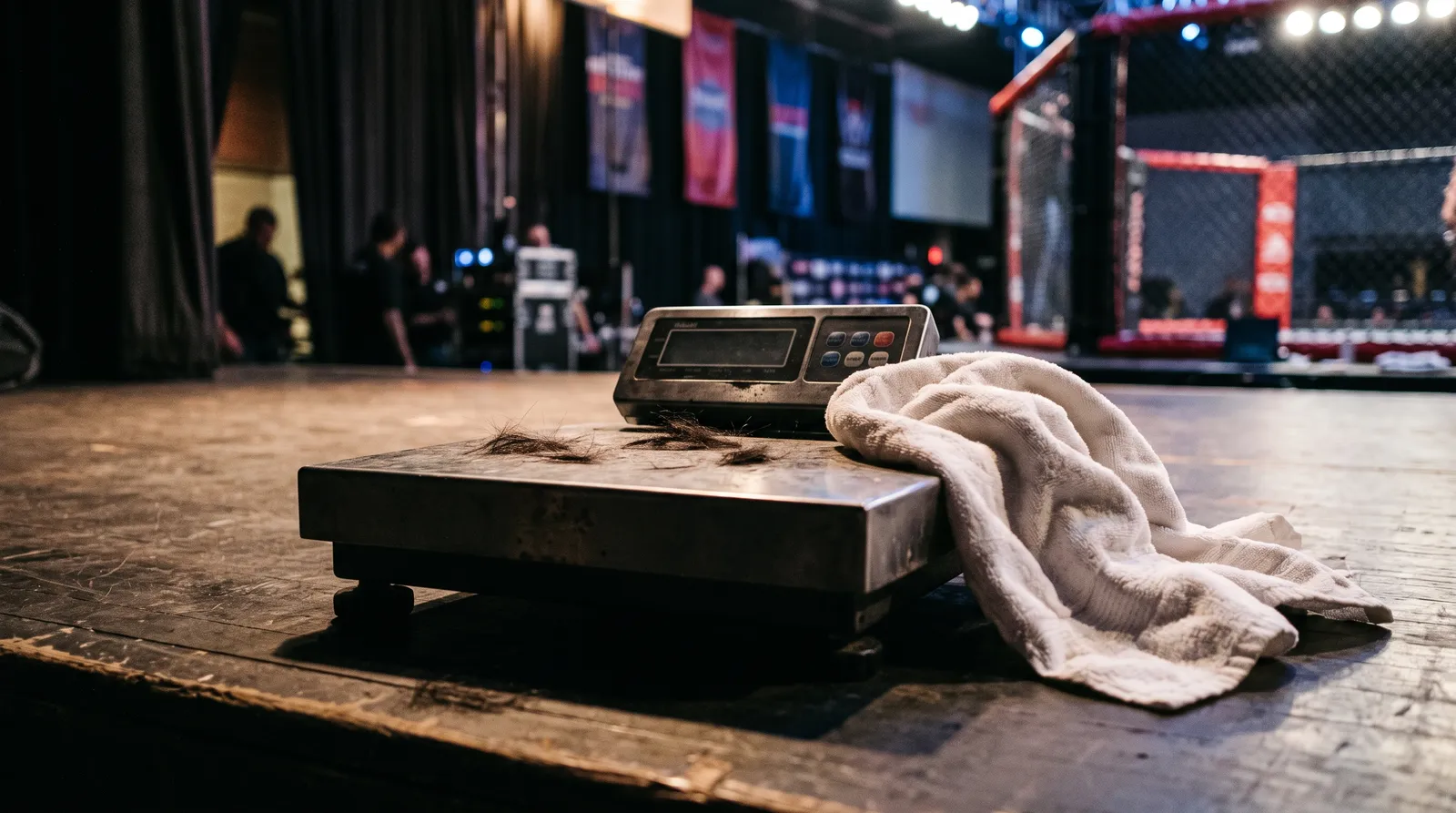 Shaved hair and a towel on a weigh-in scale under stage lights