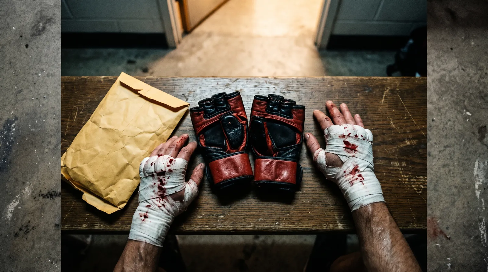 Taped fighter's hands and gloves on a locker room bench after a fight