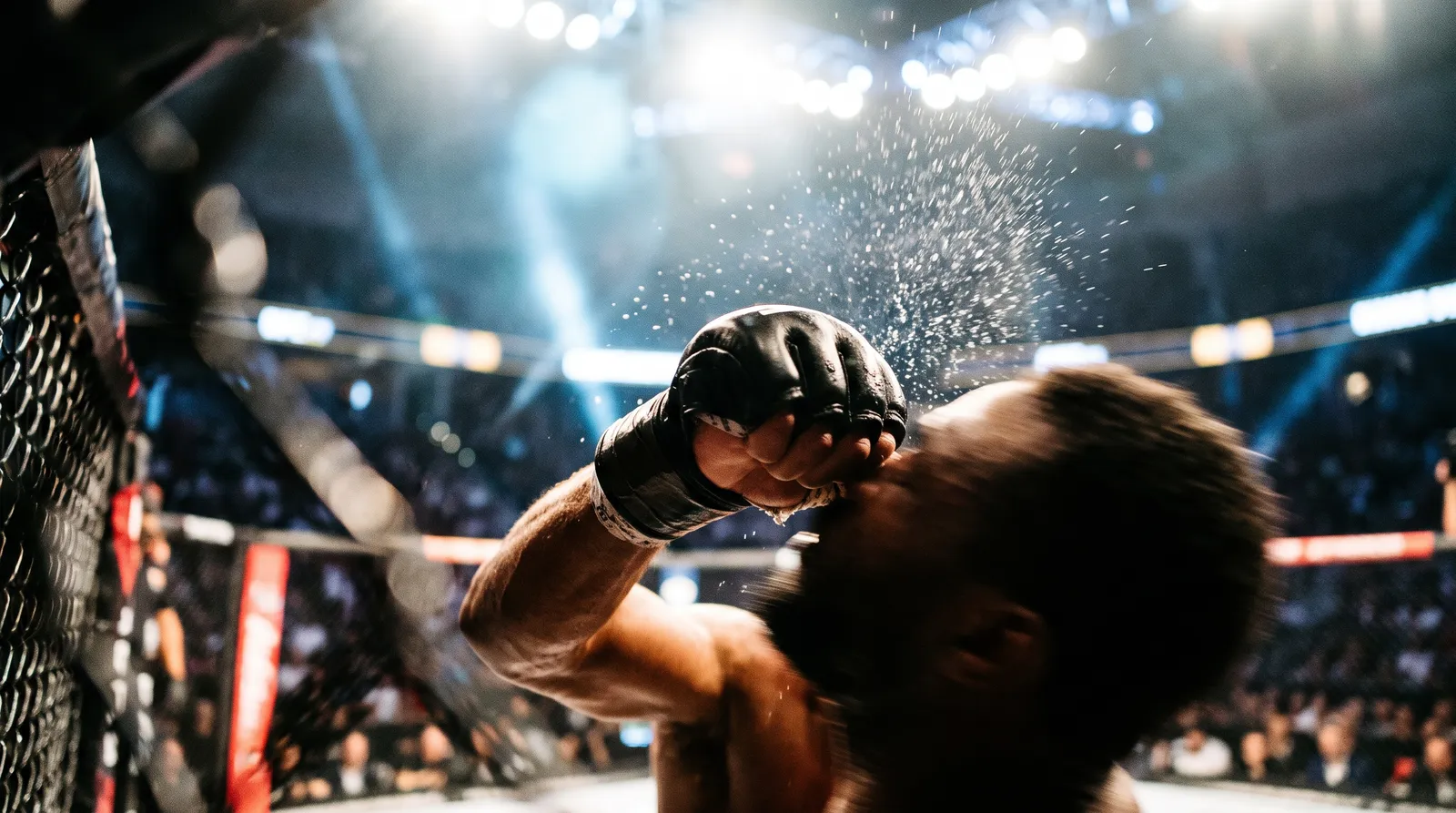 Close-up of a fighter's glove driving upward in an uppercut, sweat spraying under arena lights