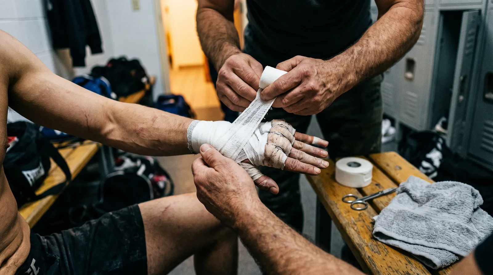 A fighter's hands being taped in a locker room before a bout