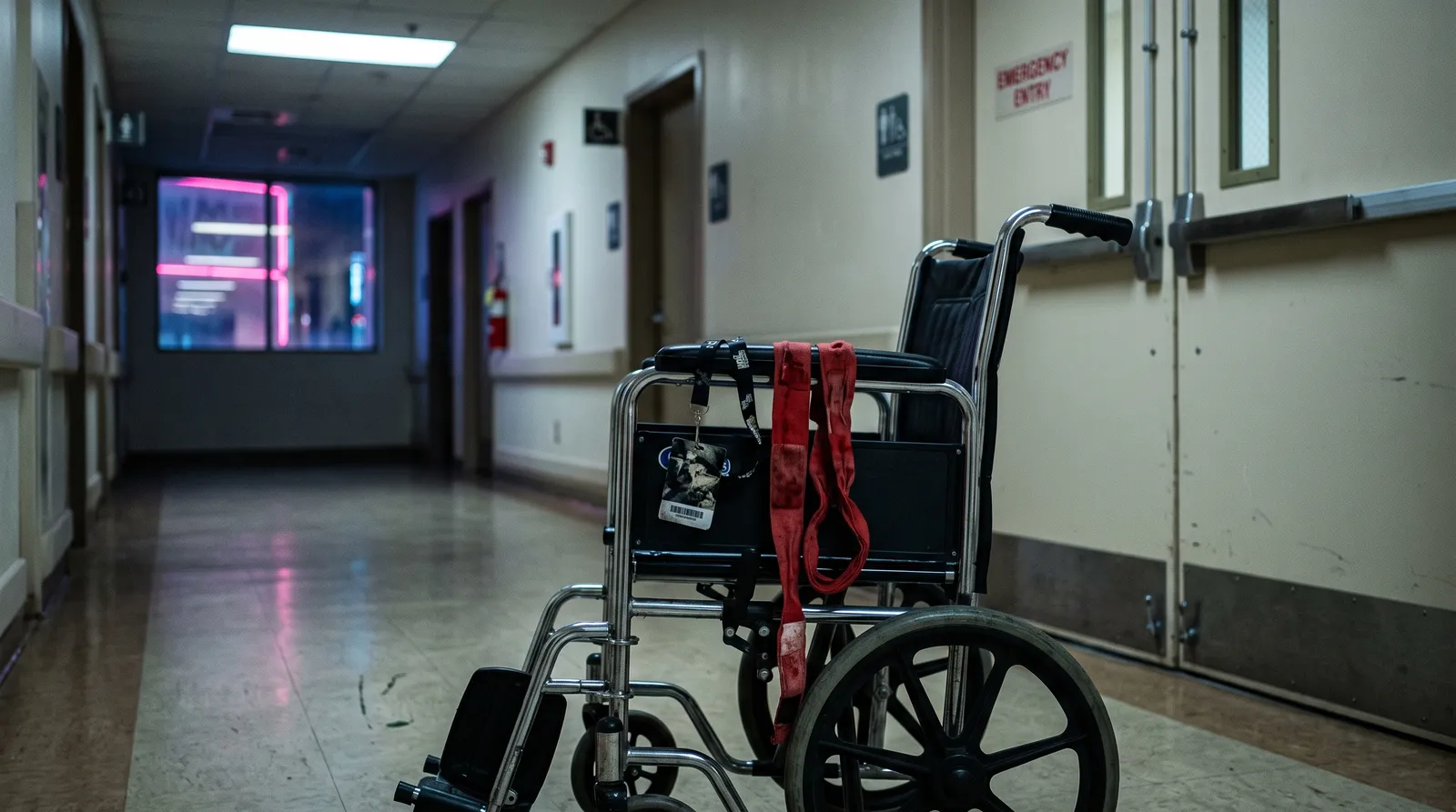 Empty wheelchair with hand wraps and a fight credential in a dim hospital hallway