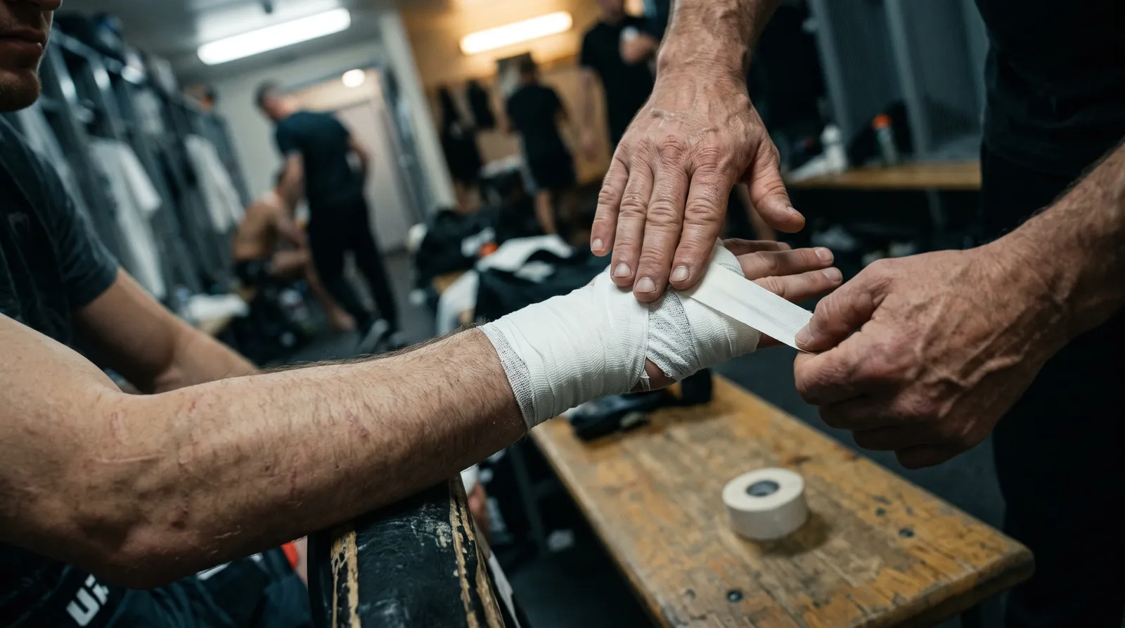 A fighter's hands being taped in a locker room before a bout