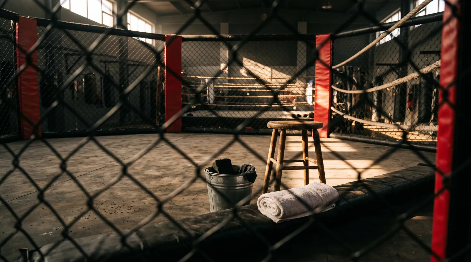 A corner stool, bucket and towel waiting outside a cage in an empty gym
