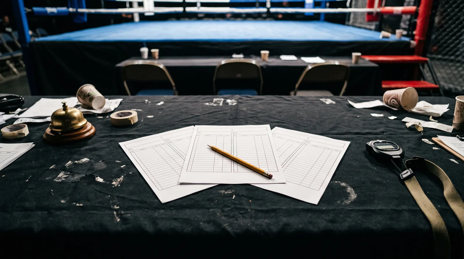 Blank boxing scorecards and a pencil on a ringside judges' table under ring lights