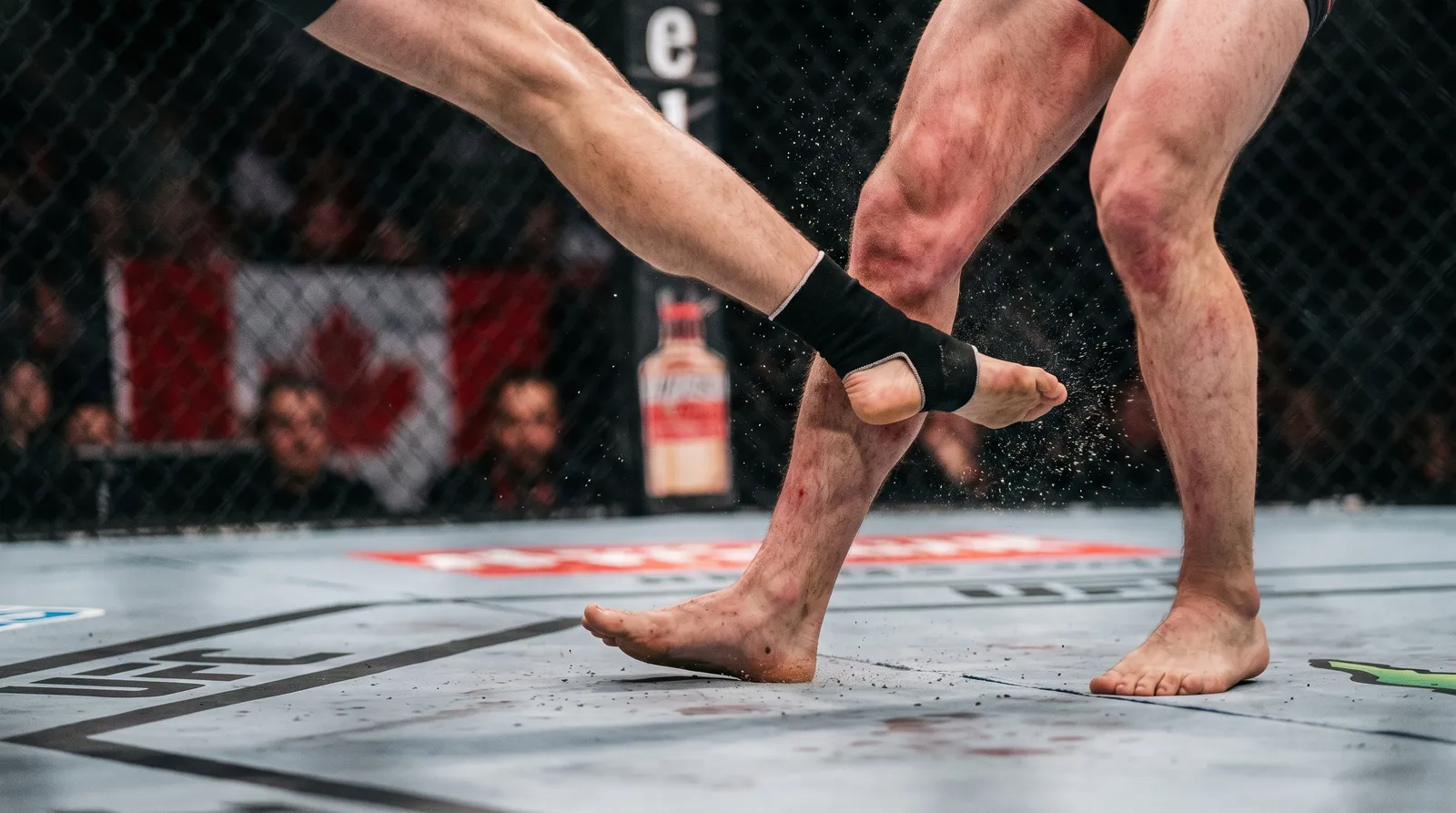 A shin crashing into an opponent's thigh during a leg kick inside the octagon