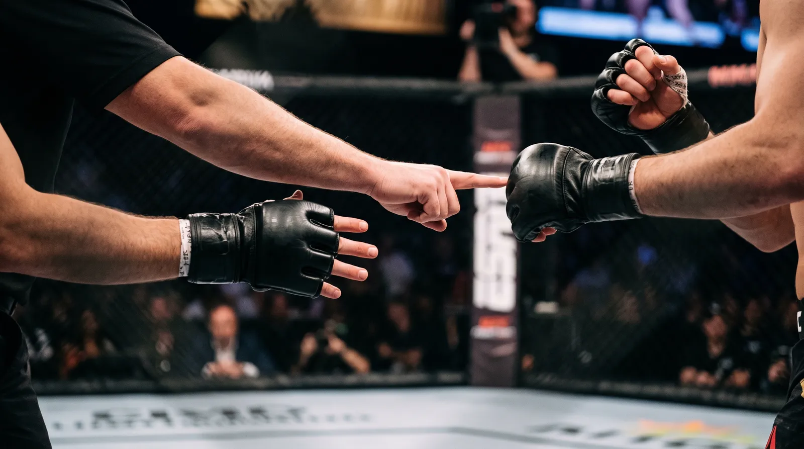 A referee's hand separating two fighters' gloves in the octagon, one glove open with fingers extended