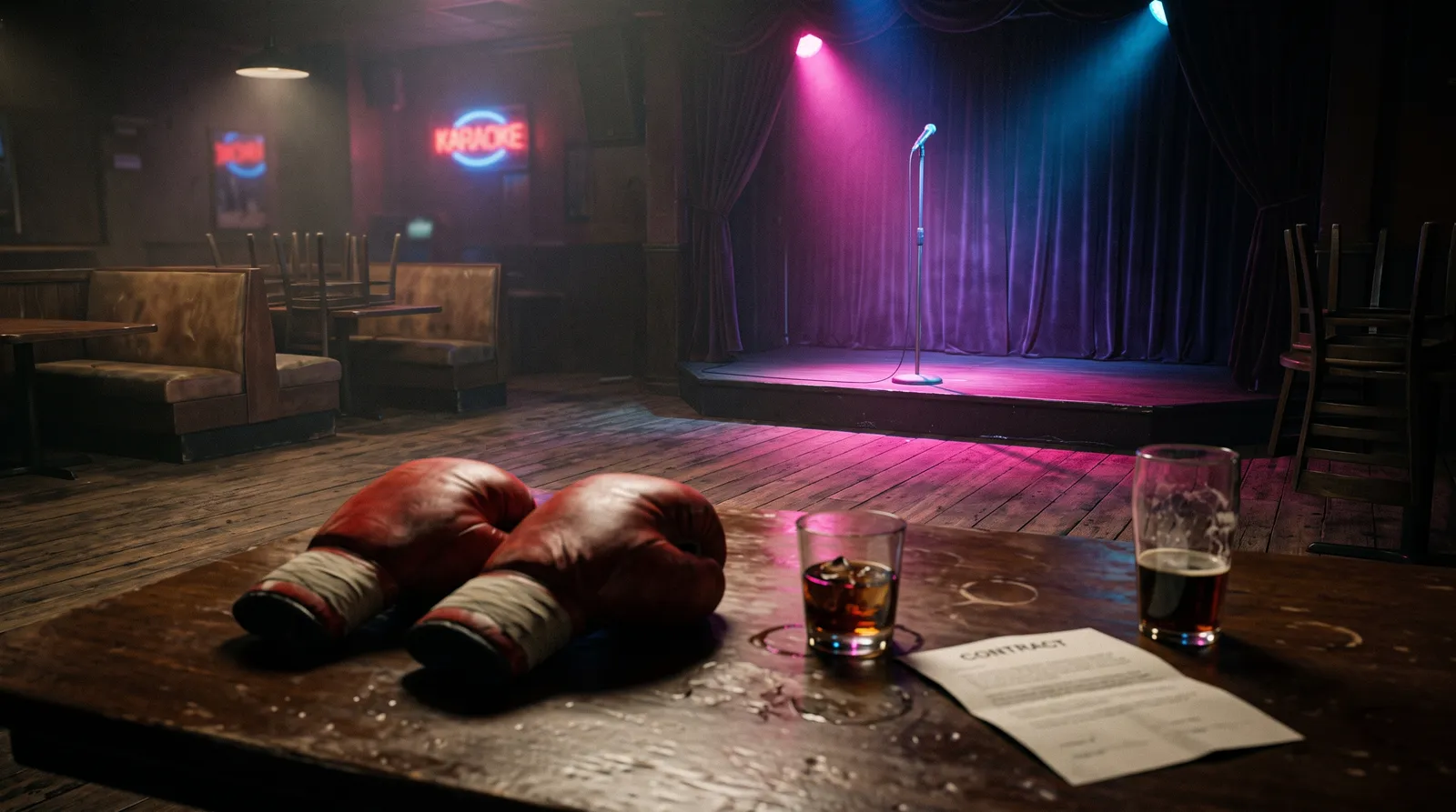 A microphone on a karaoke stage with boxing gloves and an unsigned contract on a bar table