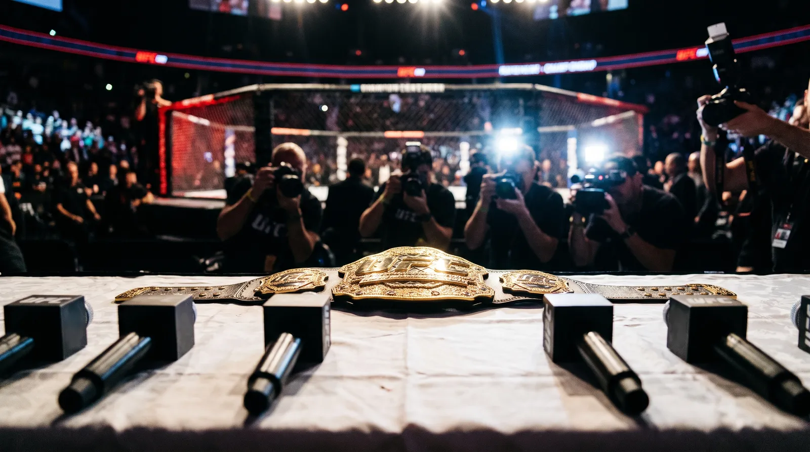 A championship belt on a press conference table in front of a row of microphones