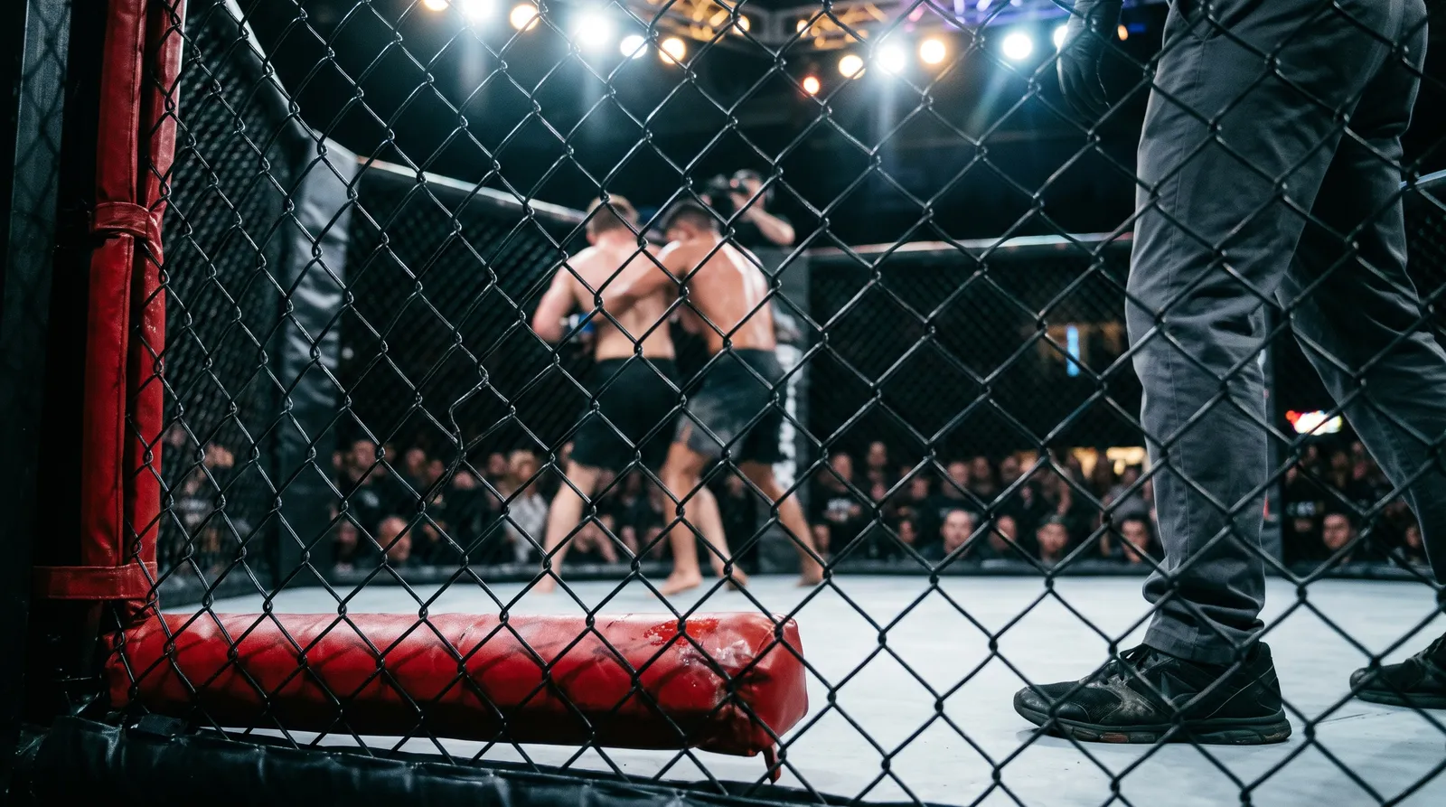Canvas-level view of a regional MMA cage fence as a referee steps in to stop a fight