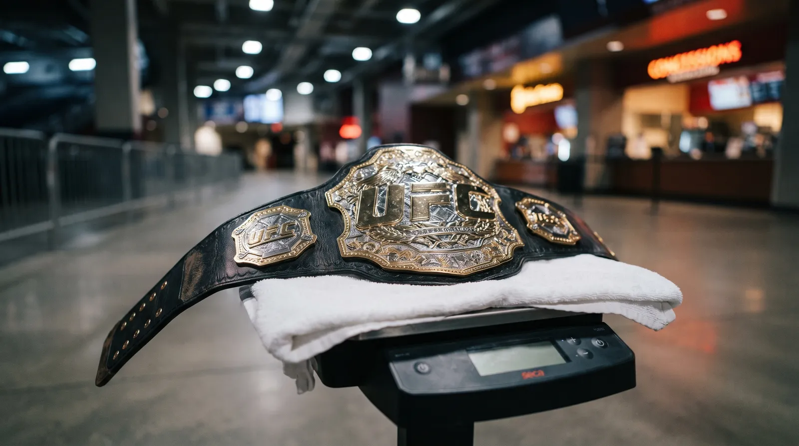 A championship belt resting on a towel atop a weigh-in scale in an empty arena hallway