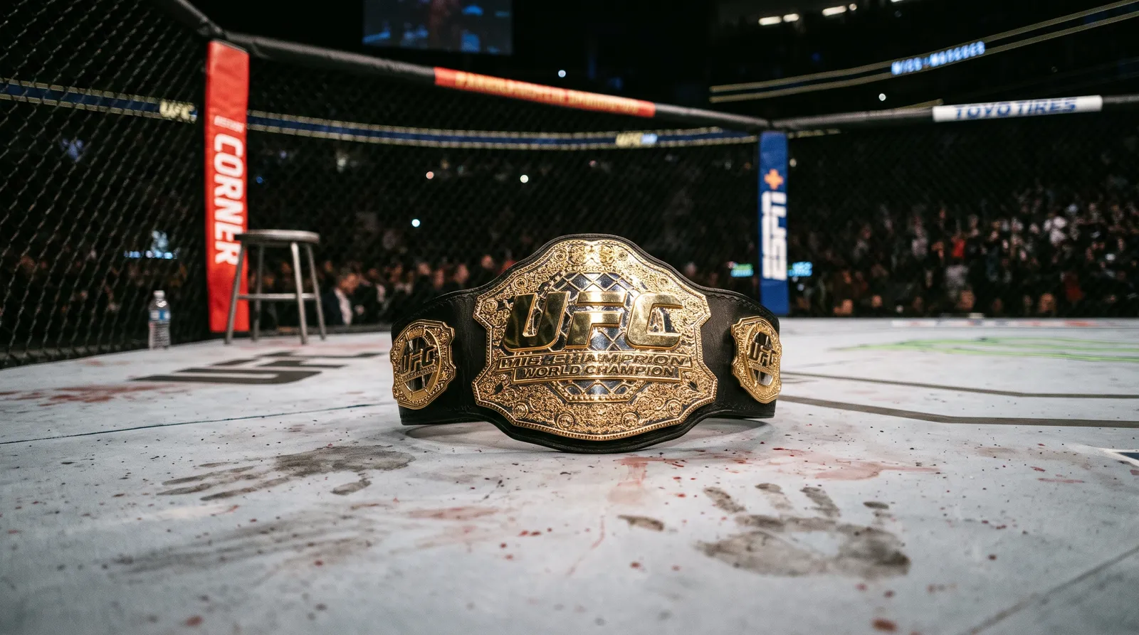 A championship belt lying on the octagon canvas under arena lights after a title fight