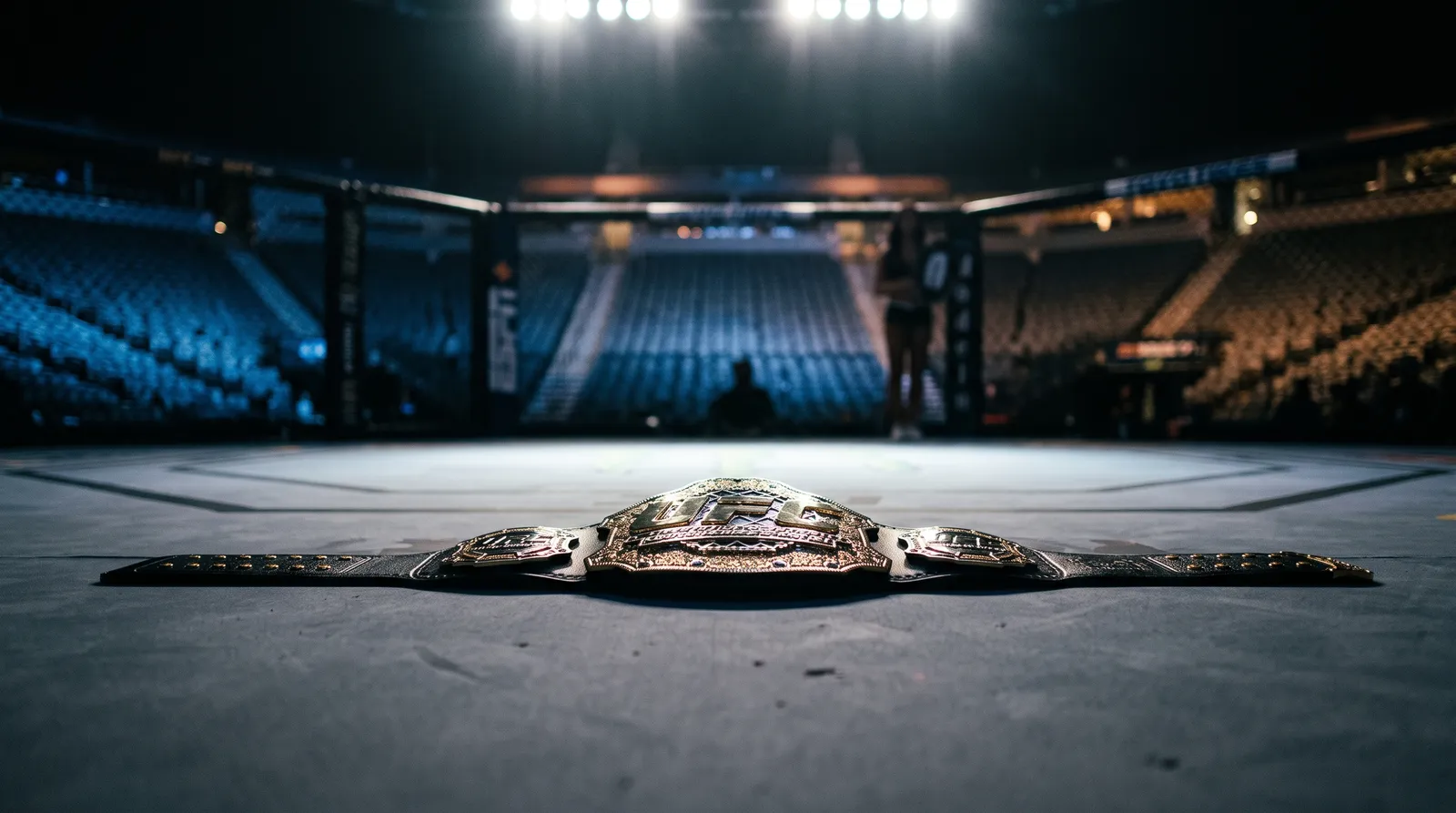 A championship belt resting on an empty octagon canvas under arena work lights