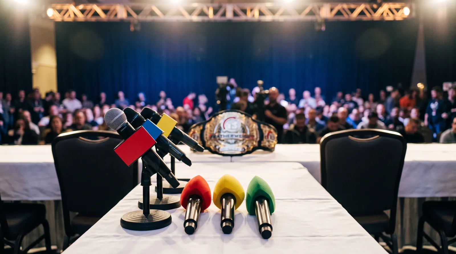 Microphones and a championship belt on a press conference table before UFC 333