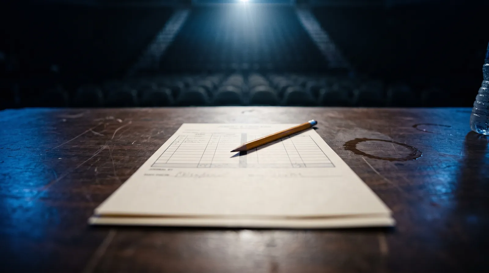 A judge's scorecard and pencil on a ringside table under arena lights