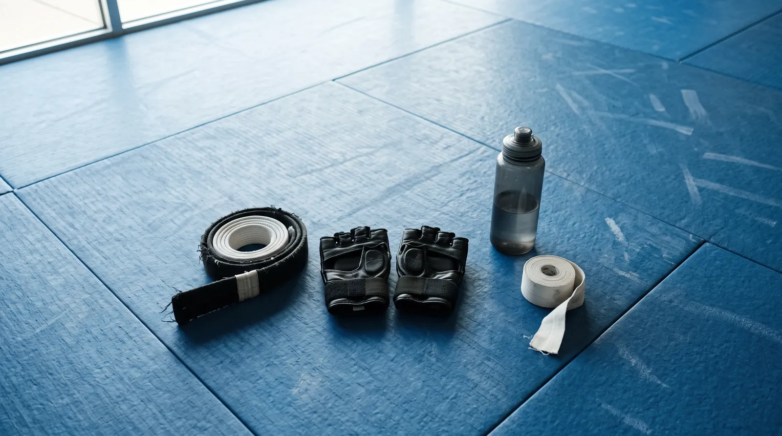 MMA gloves and a frayed jiu-jitsu belt resting on a worn gym mat in morning light
