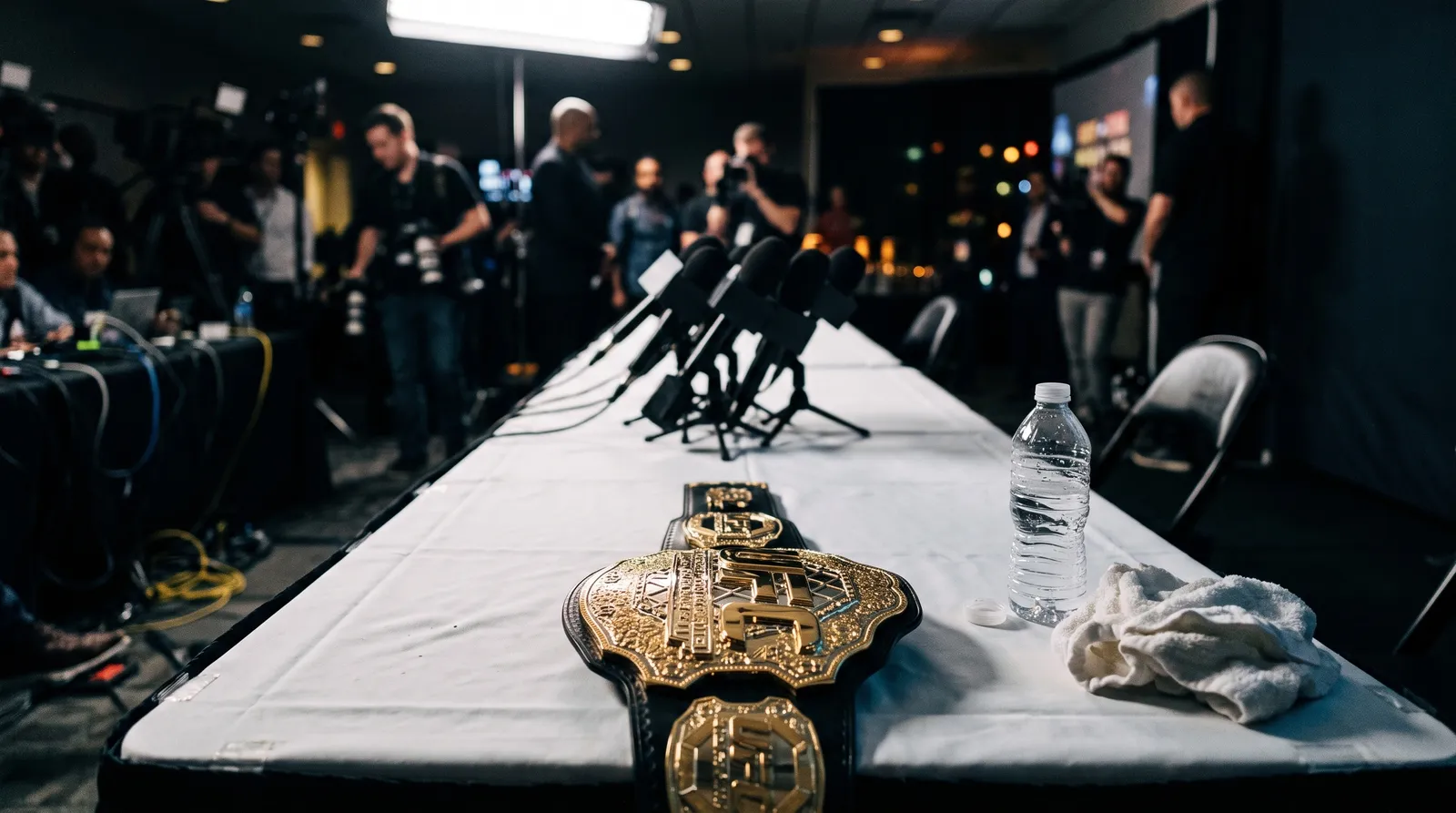 Championship belt resting on a press conference table in front of a cluster of microphones