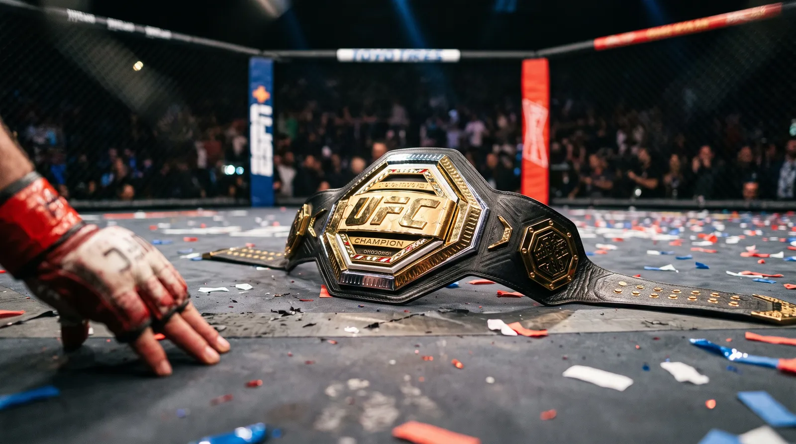 A championship belt resting on the octagon canvas beside a fighter's glove and scattered confetti