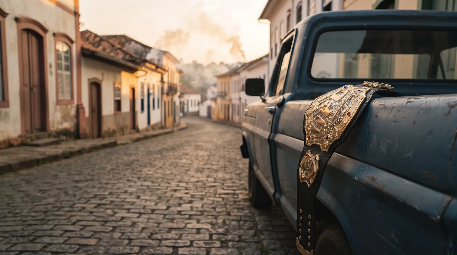 A championship belt resting on the side of a pickup truck on an empty small-town street