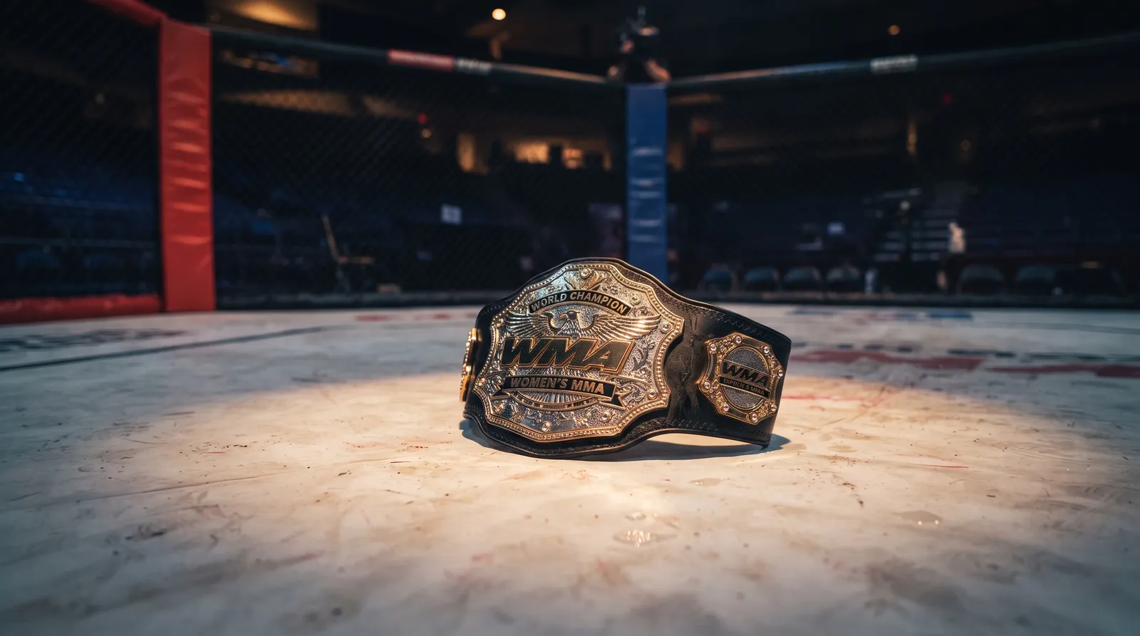 A championship belt lying on an empty octagon canvas under dimmed arena lights
