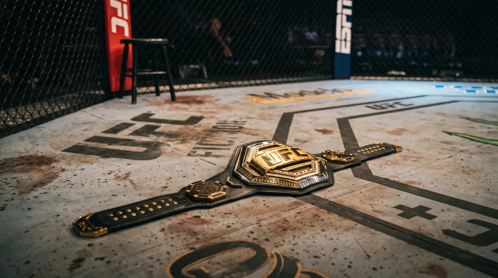 A UFC championship belt resting on the octagon canvas under arena lights