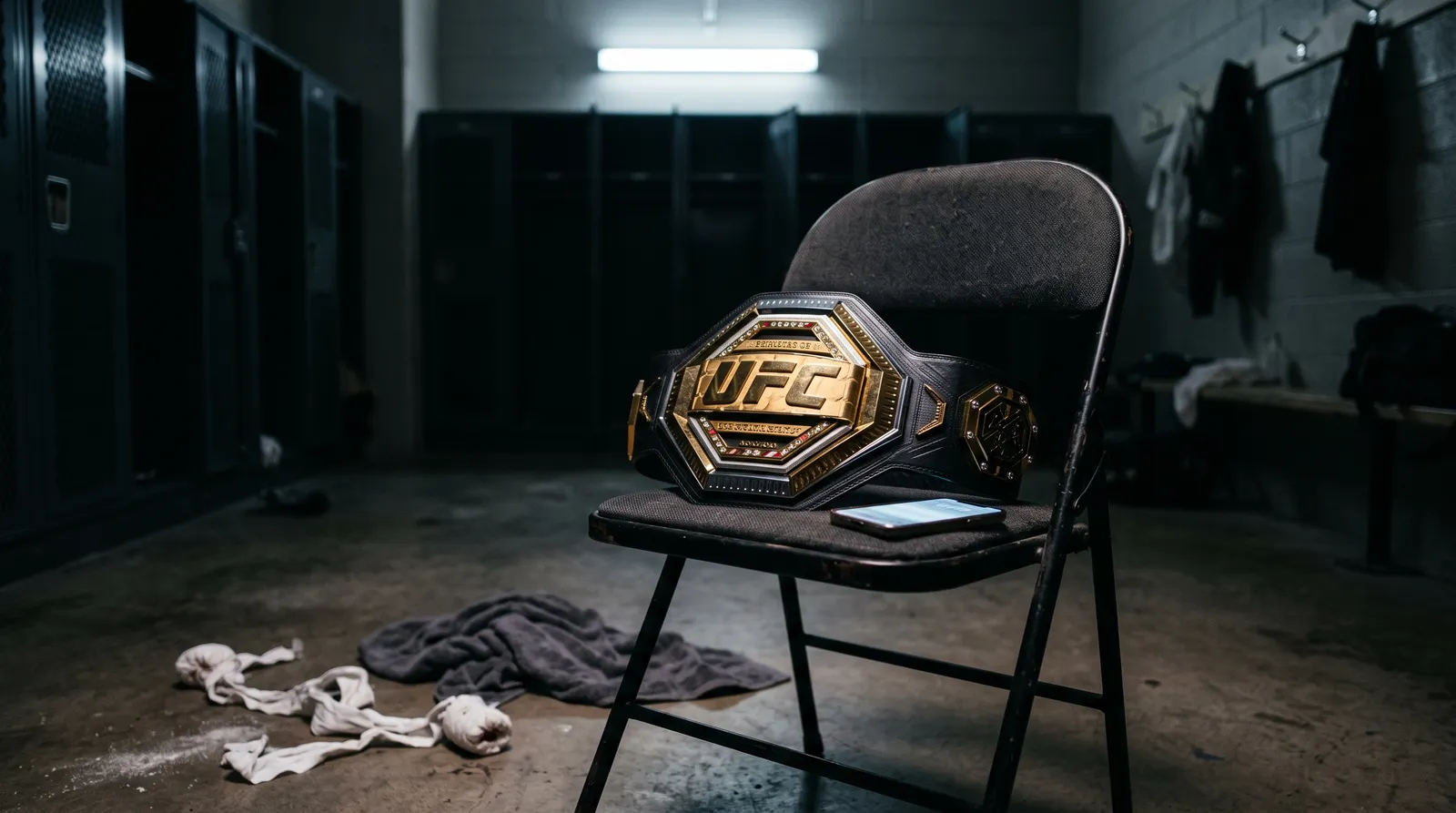 A championship belt draped over a folding chair in a dim locker room beside a glowing phone