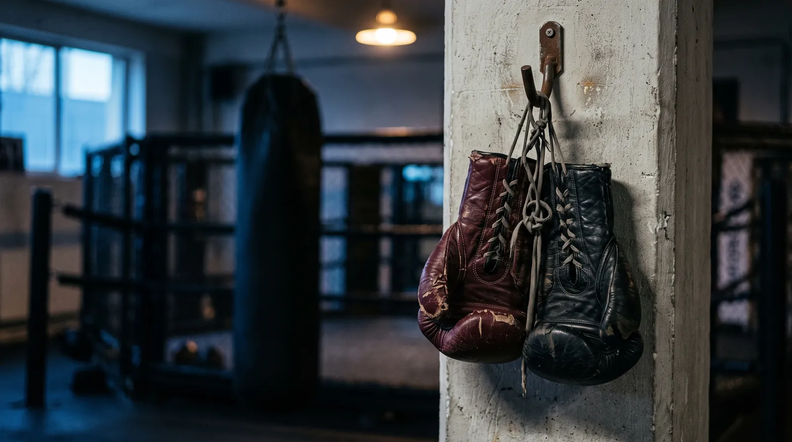 Two pairs of sparring gloves hanging together on a hook in a dim gym at dawn