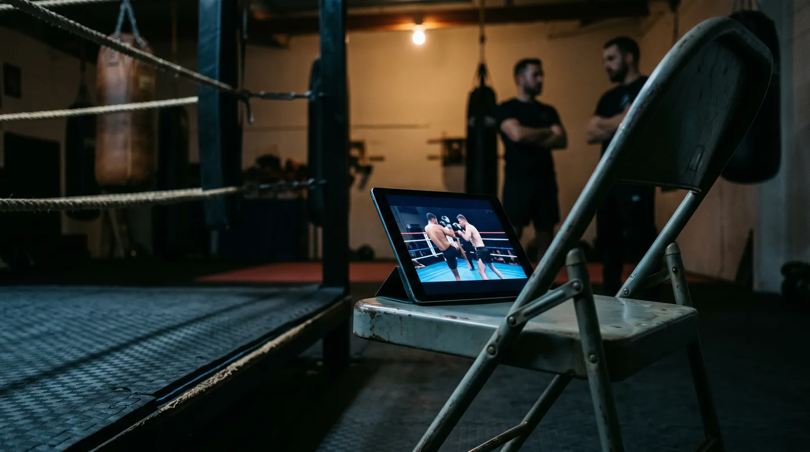 A tablet playing paused fight footage glows on a chair in a darkened kickboxing gym as coaches watch in the background.