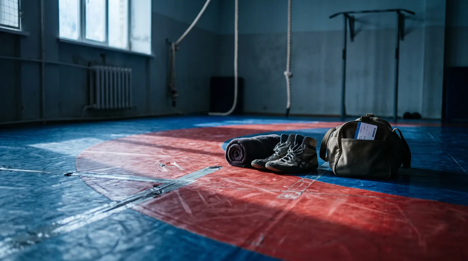 Wrestling shoes and a travel bag resting on a worn training mat at dawn