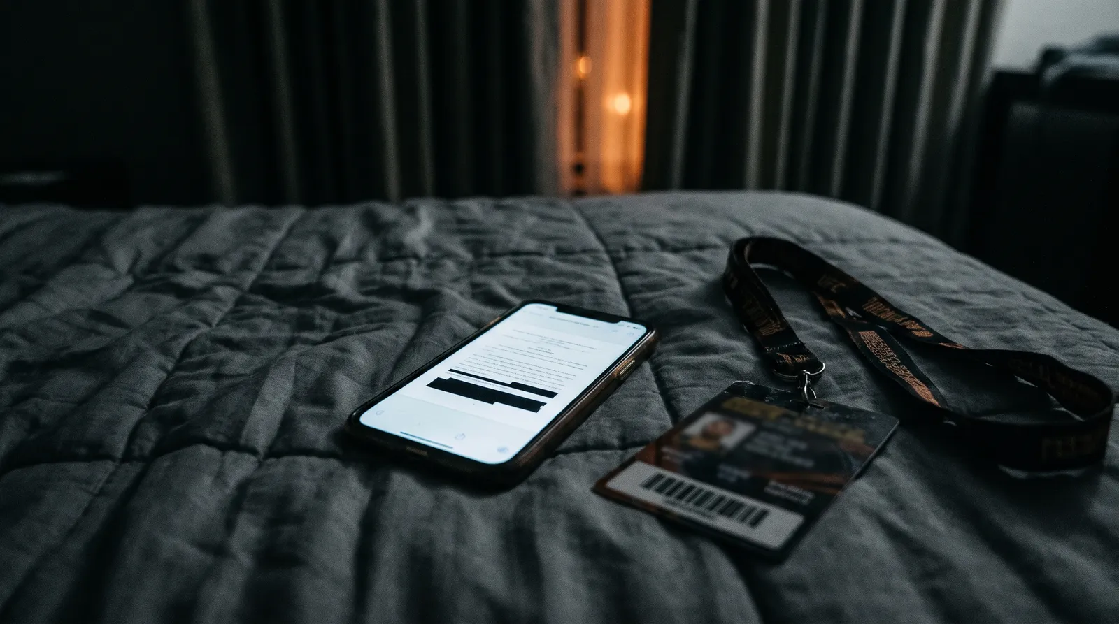 A phone glowing on a hotel bed showing a blurred legal document with redaction bars