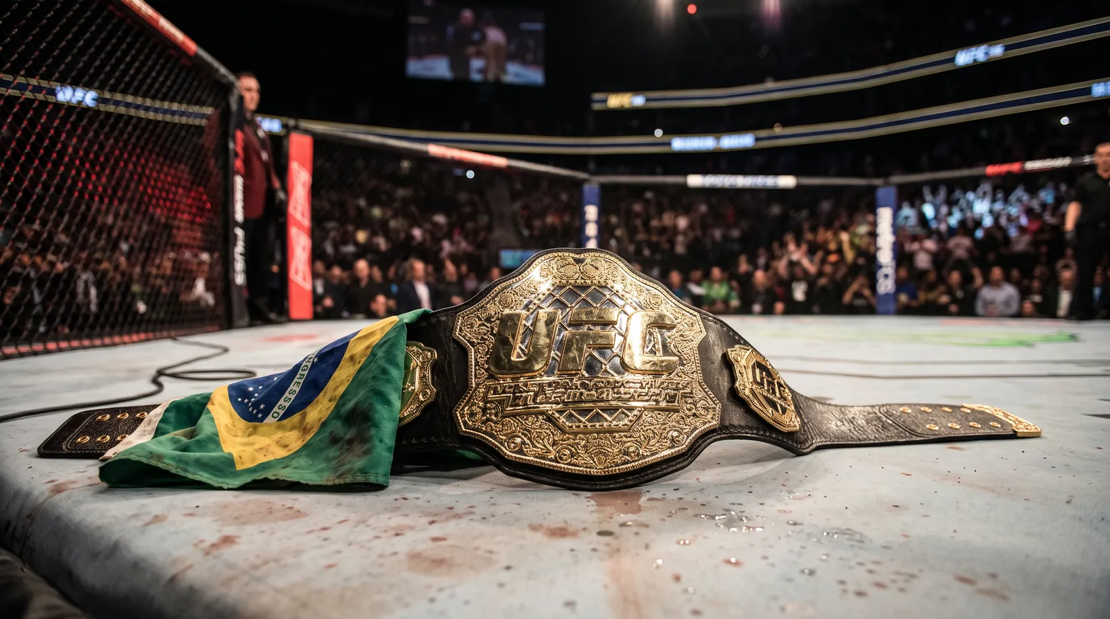 A championship belt with a small Brazilian flag lying on the octagon canvas under arena lights