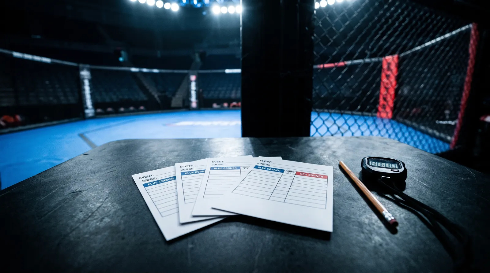 Blank judges' scorecards and a pencil on a cageside table beside the octagon