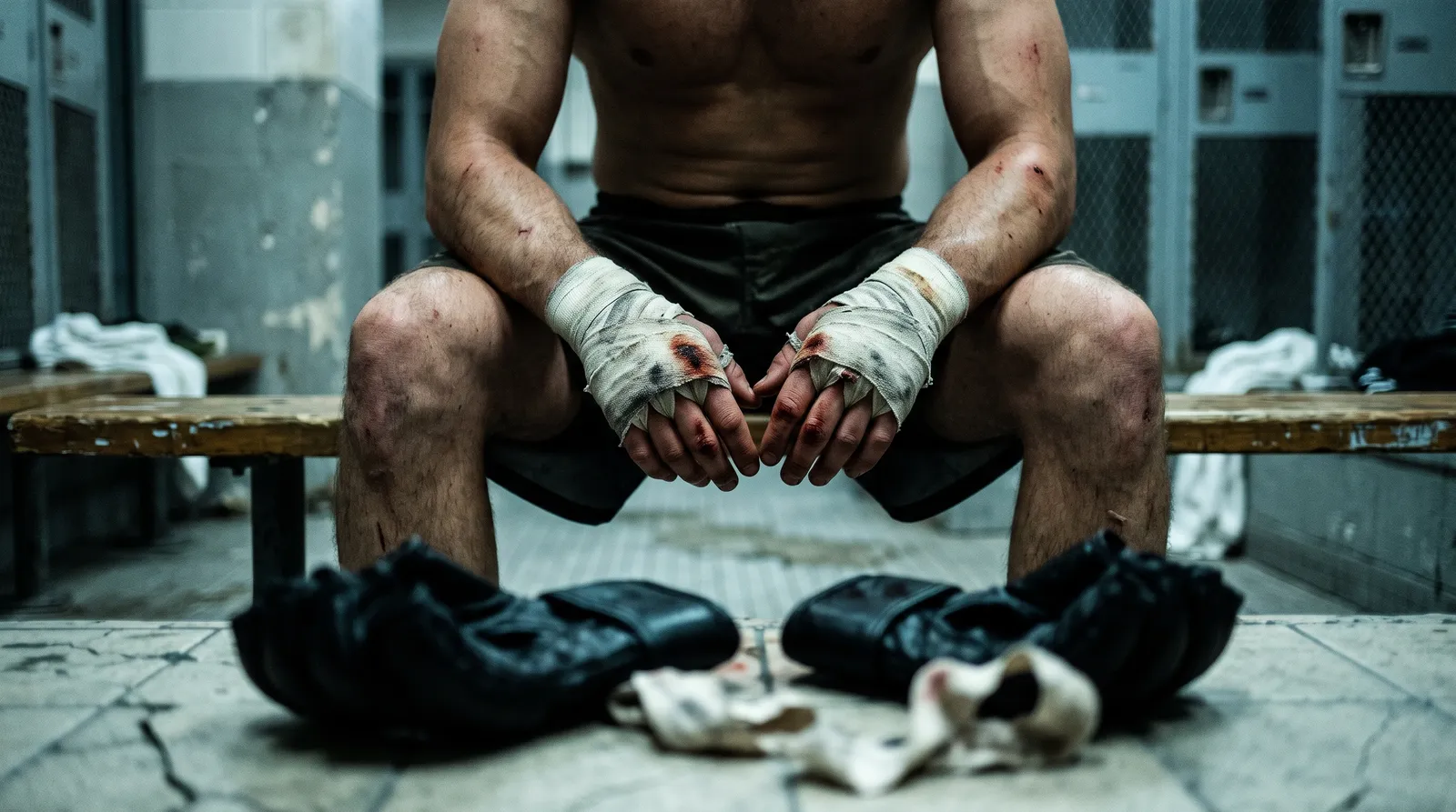 Taped fighter's hands resting on knees in a dim locker room with gloves on the floor