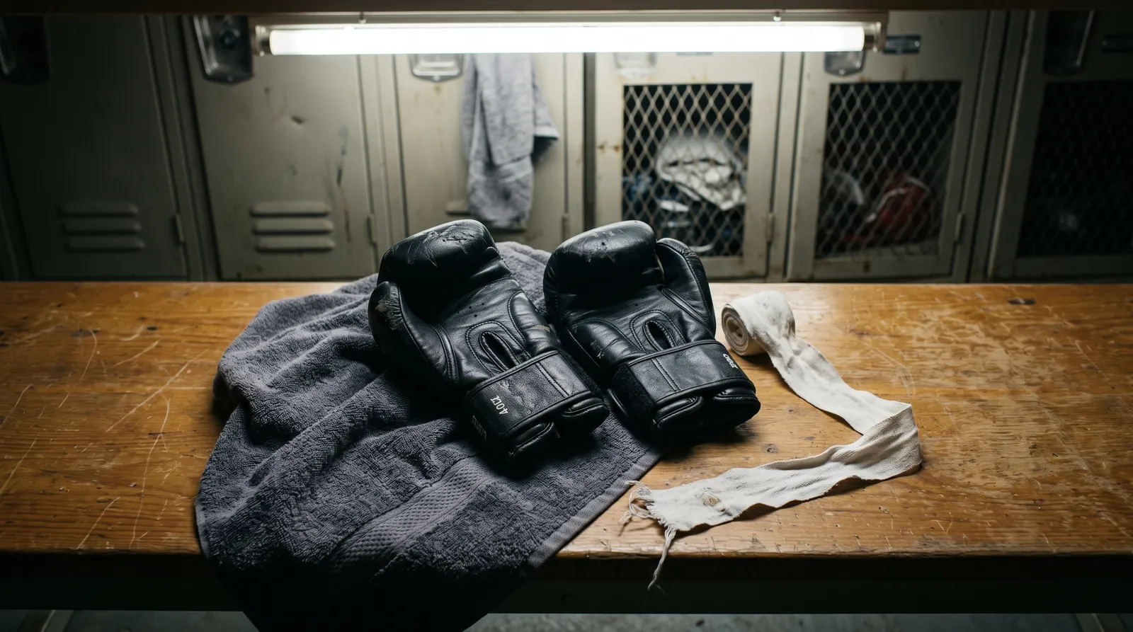 MMA gloves and hand wraps resting on a towel on a locker room bench