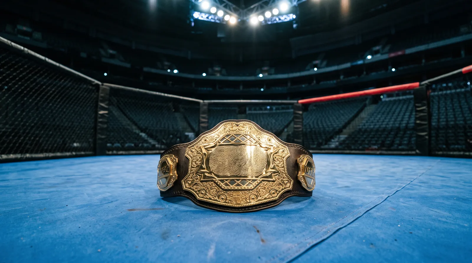 A featherweight championship belt lying on an empty octagon canvas under arena lights