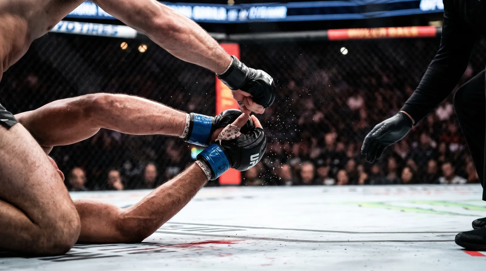 A gloved fist poised over an opponent's guard on blood-streaked canvas as a referee's arm reaches in