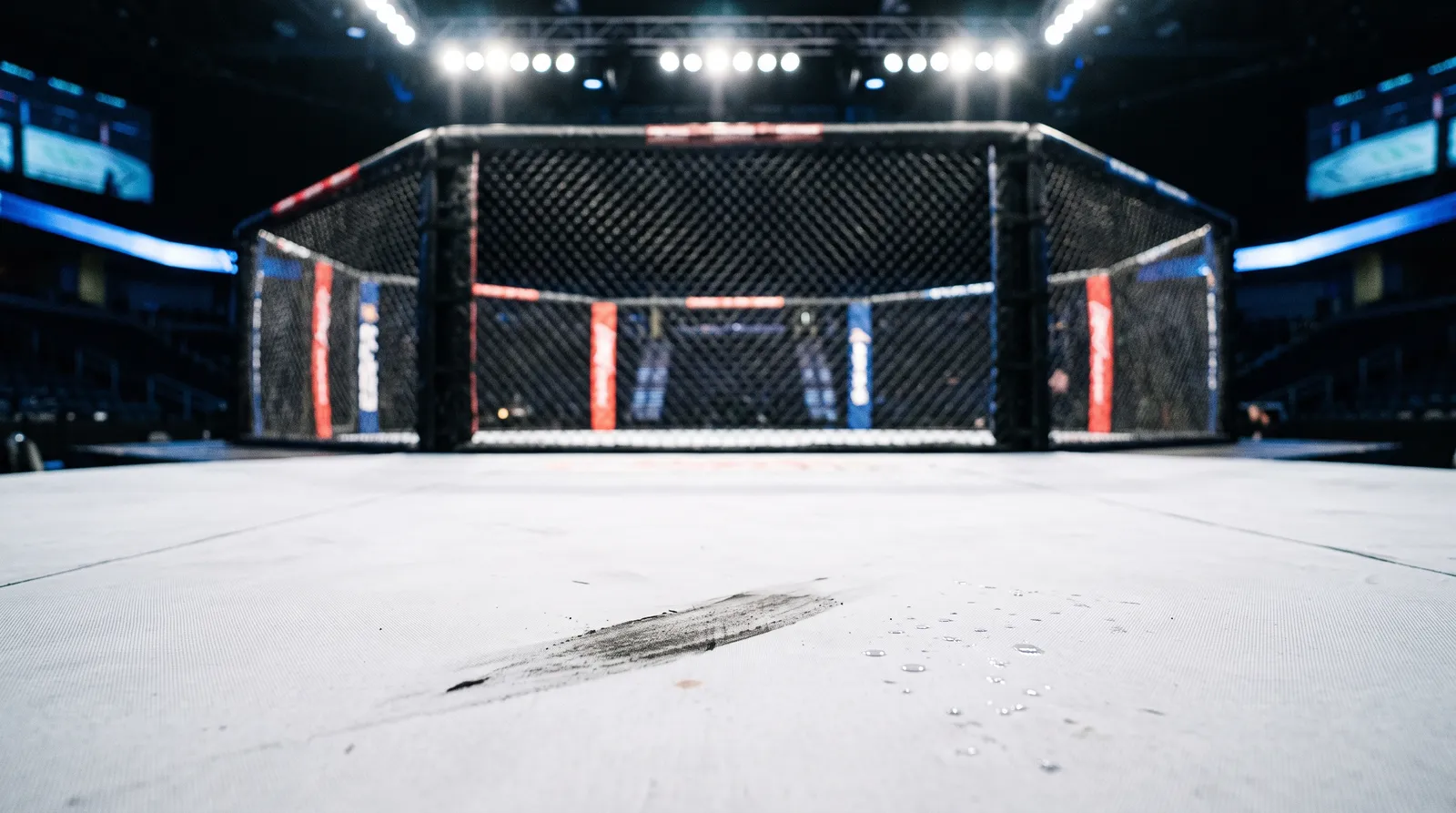 Empty octagon canvas under bright arena lights after a fight night