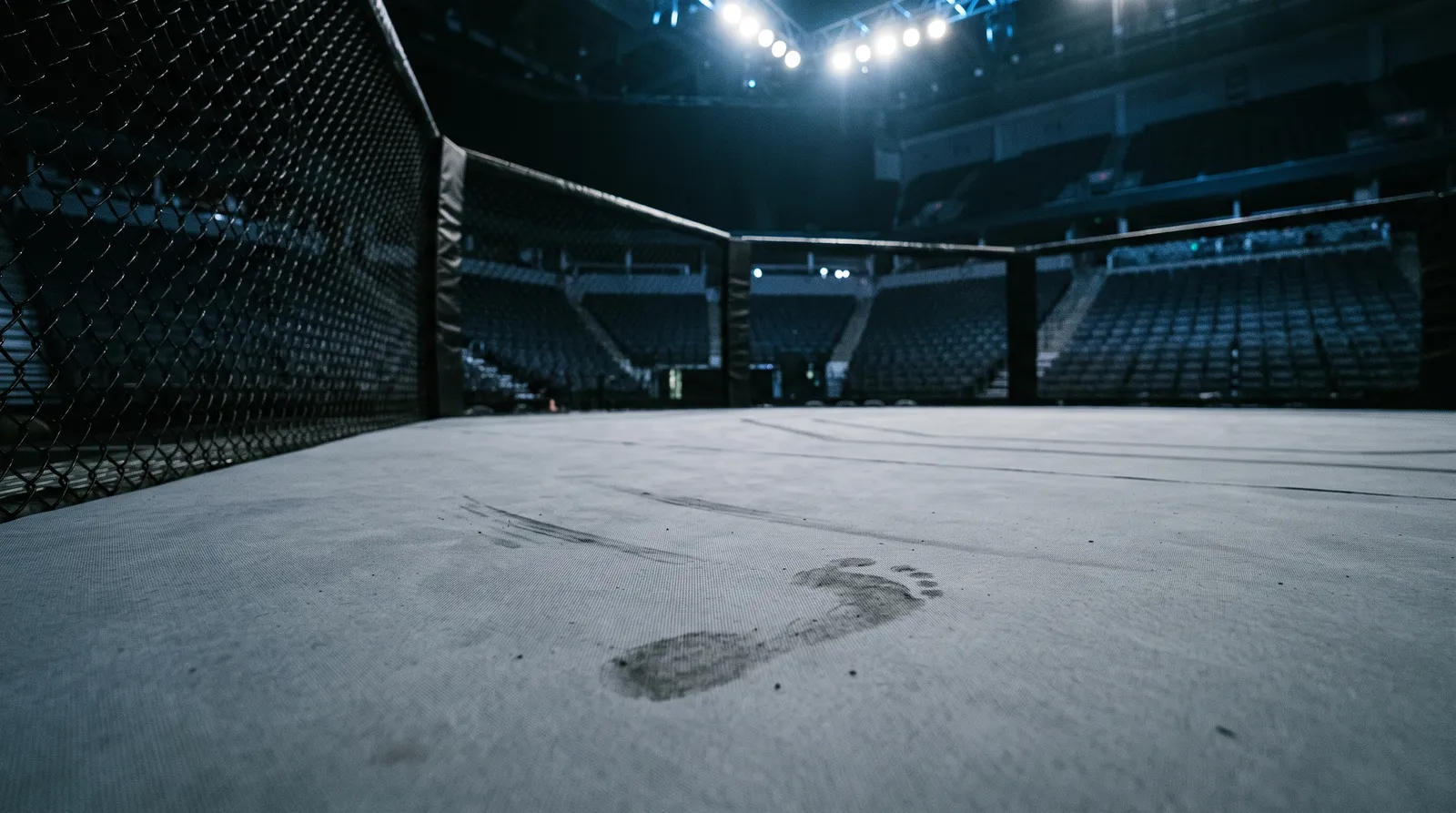 An empty octagon canvas under work lights, with a scuff mark on the mat after a knockout